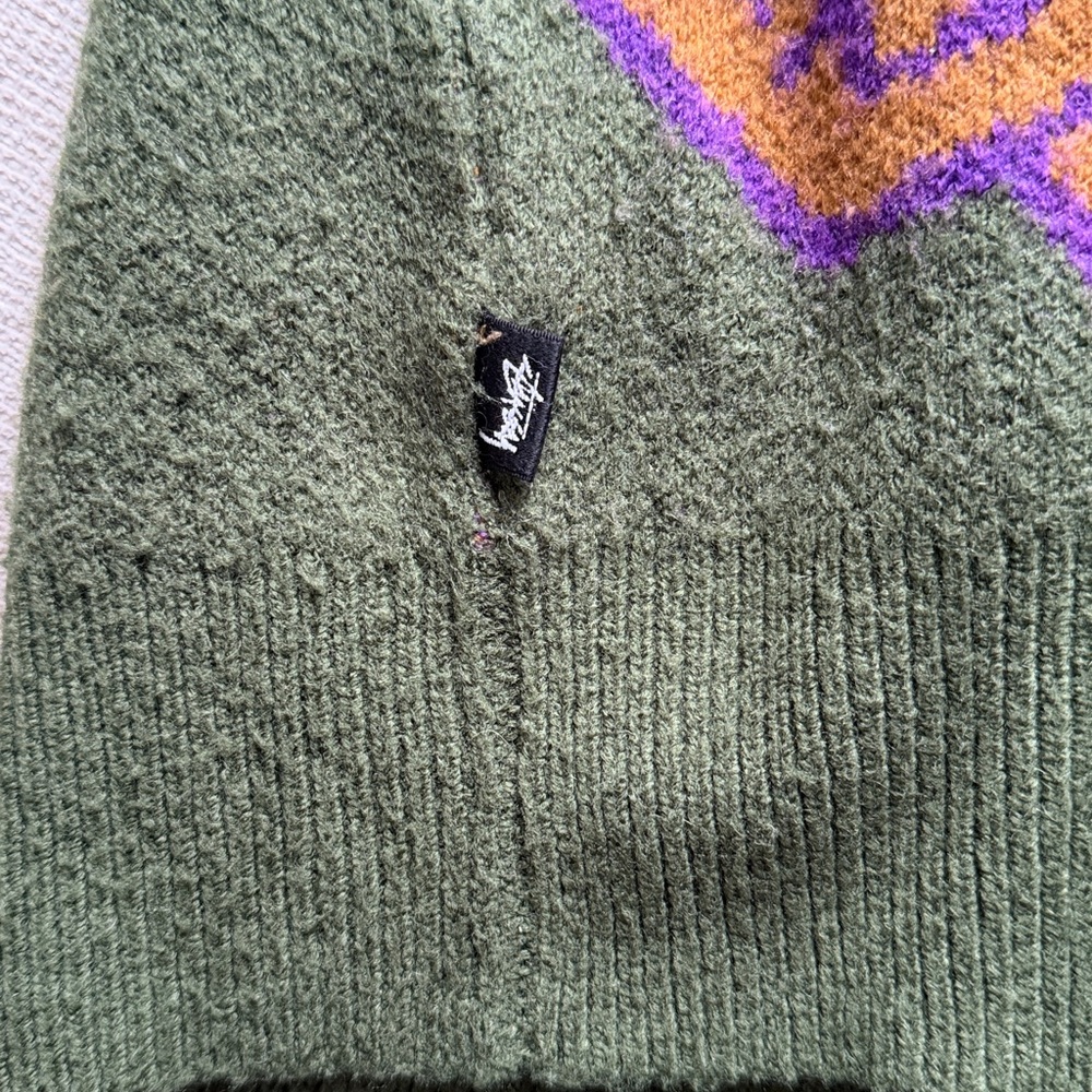 Stussy olive green crew neck sweater with  purple and brown design on back - Picture 4 of 5